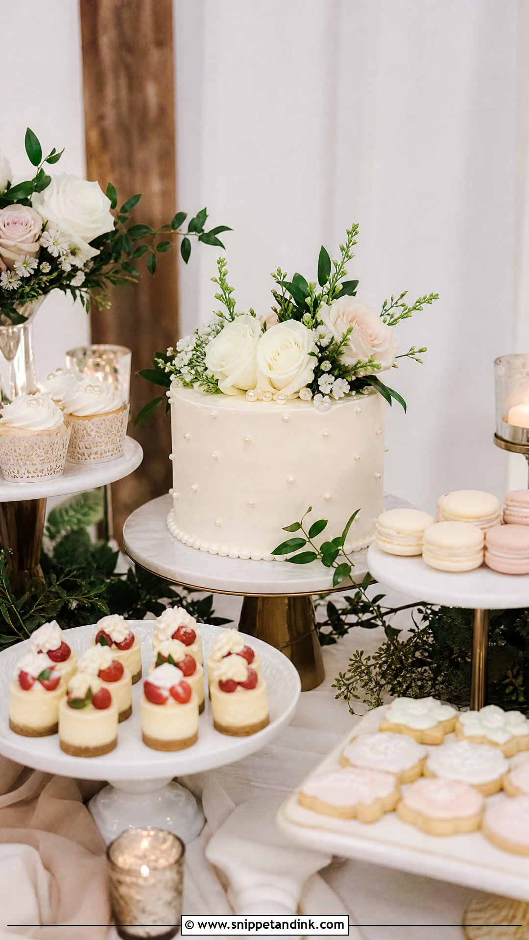 Small Cutting Cake With Dessert Table - Snippet and Ink - 20 Wedding Dessert Ideas