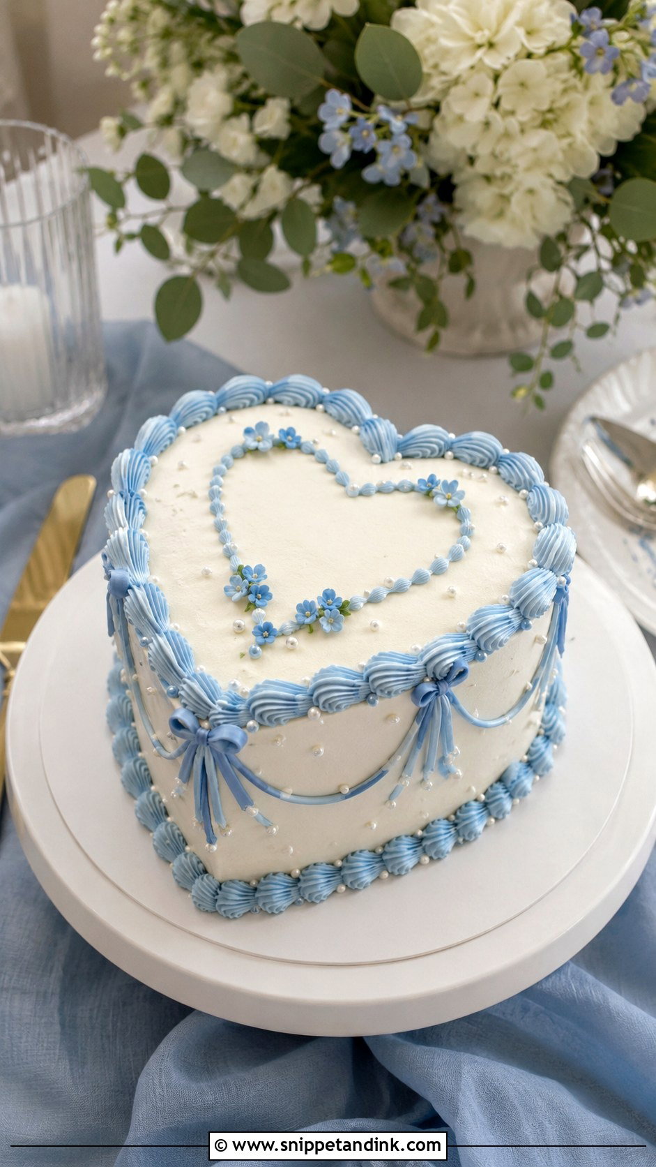 Small Heart Shaped Wedding Cake With Blue Details - Snippet and Ink - 25 Small Heart Shaped Wedding Cake Ideas