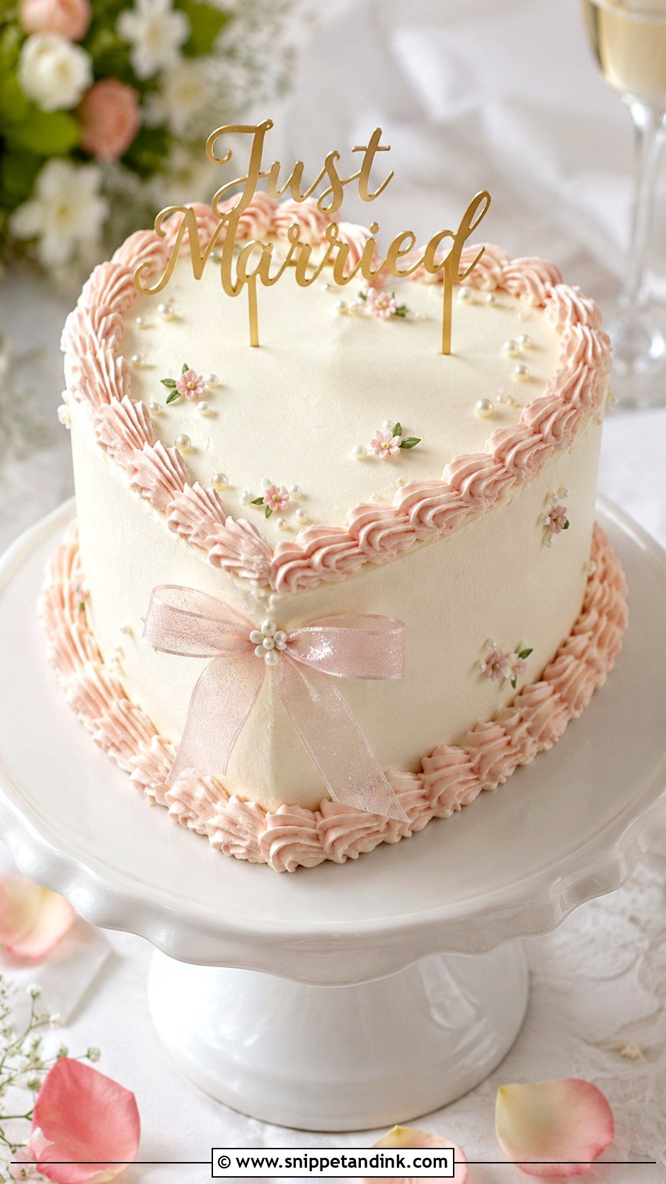Small Heart Shaped Wedding Cake With Just Married Topper - Snippet and Ink - 25 Small Heart Shaped Wedding Cake Ideas