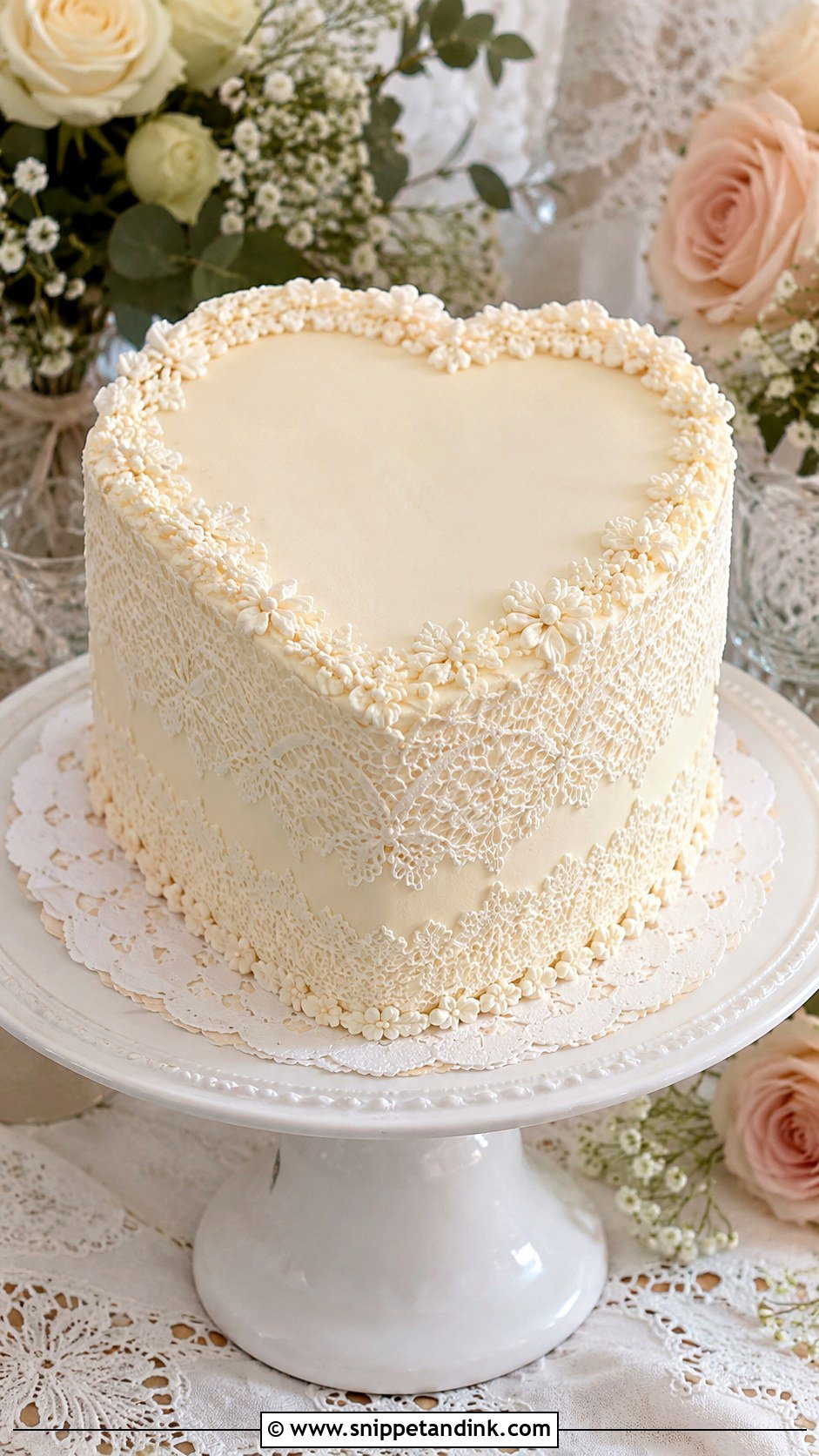 Small Heart Shaped Wedding Cake With Lace Piping - Snippet and Ink - 25 Small Heart Shaped Wedding Cake Ideas