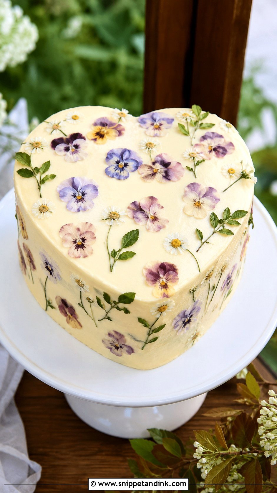 Small Heart Shaped Wedding Cake With Pressed Flowers - Snippet and Ink - 25 Small Heart Shaped Wedding Cake Ideas