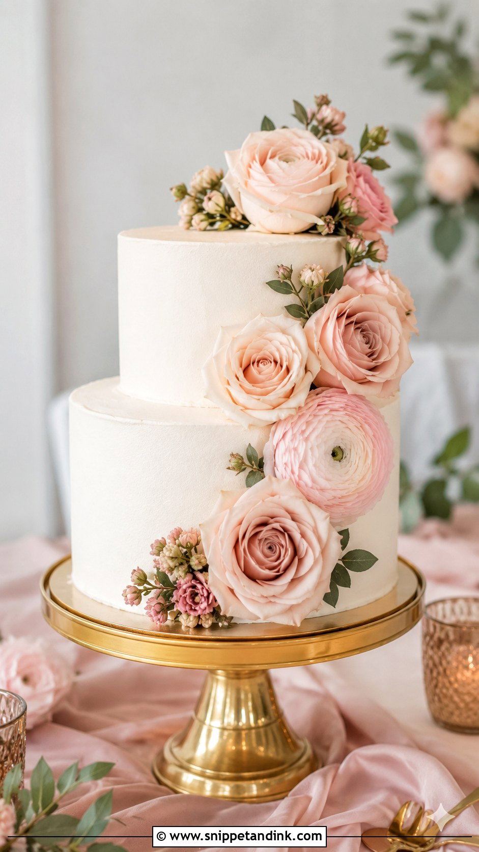 Small Two Tier Wedding Cake With Blush Flowers - Snippet and Ink - 20 Simple Small Two Tier Wedding Cake Ideas