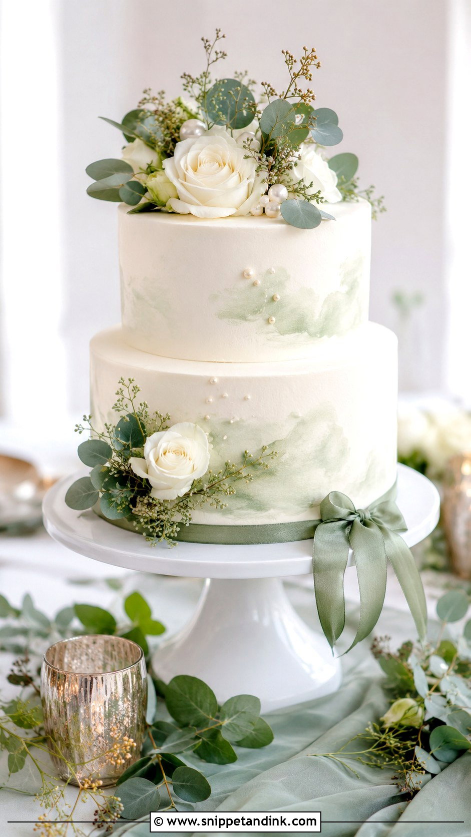 Small Two Tier Wedding Cake With Sage Green Accent - Snippet and Ink - 20 Simple Small Two Tier Wedding Cake Ideas