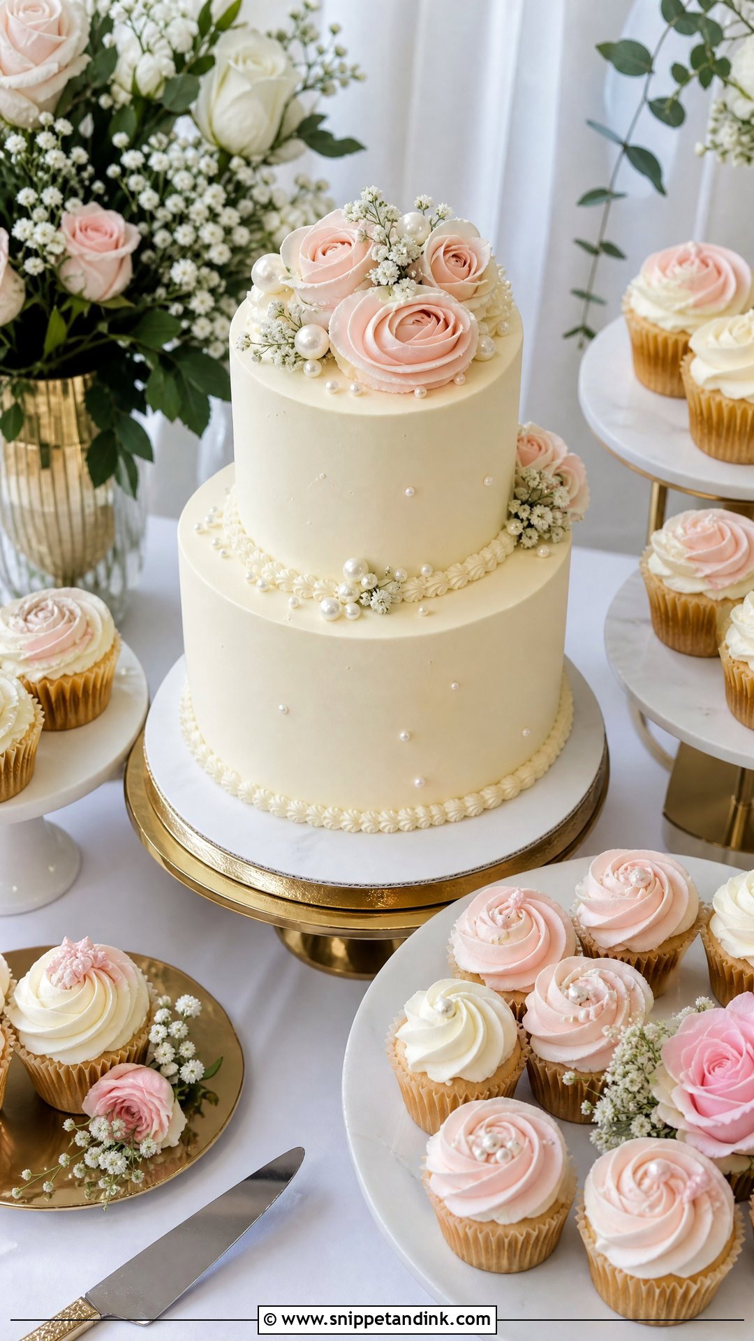 Small Wedding Cake With Cupcakes - Snippet and Ink - 20 Wedding Cake and Cupcake Display