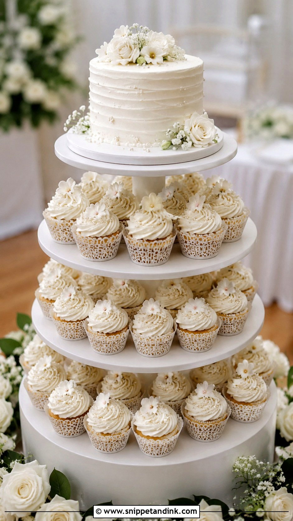 Small Wedding Cake With Mini Cupcake Tower - Snippet and Ink - 25 Wedding Cake with Small Cakes