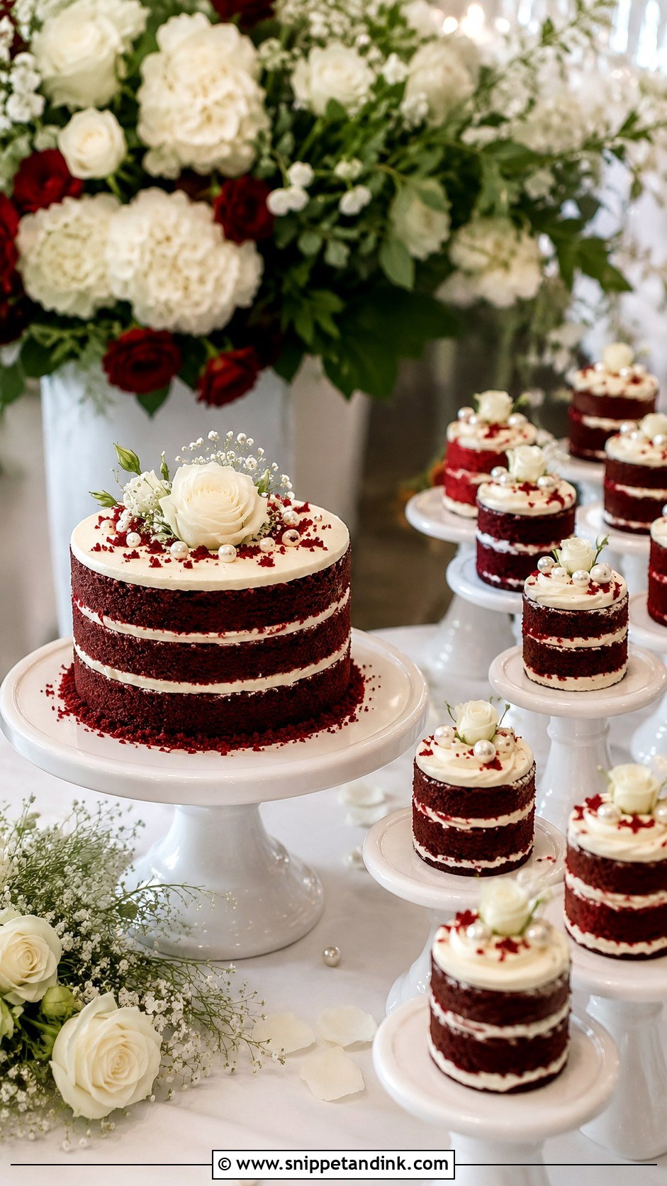 Small Wedding Cake With Mini Red Velvet Cakes - Snippet and Ink - 25 Wedding Cake with Small Cakes