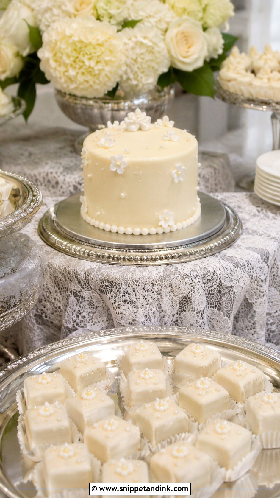 Small Wedding Cake With Petit Fours - Snippet and Ink - 25 Wedding Cake with Small Cakes