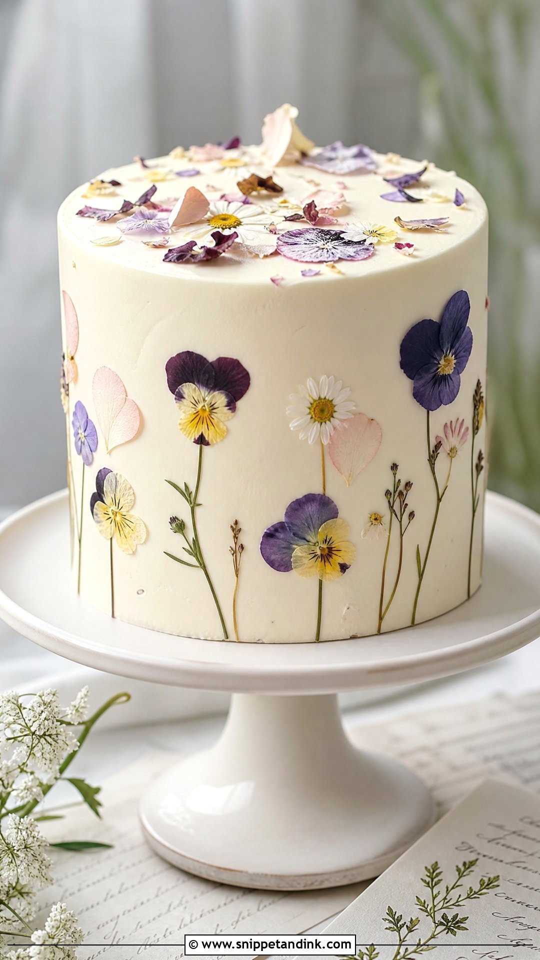 Small Wedding Cake With Pressed Flowers - Snippet and Ink - 20 Simple Small One Tier Wedding Cake Ideas