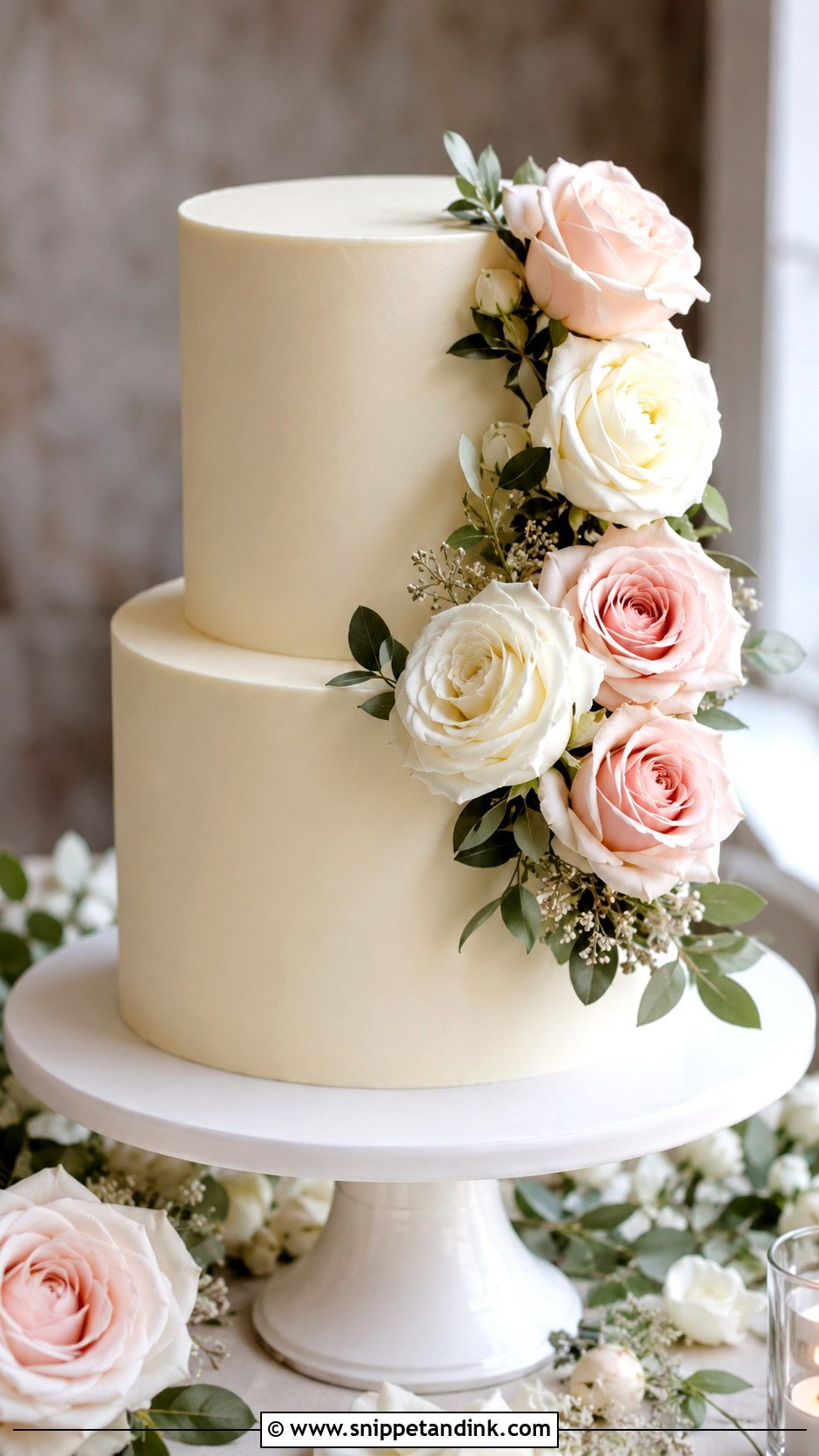 Smooth Buttercream Two Tier Wedding Cake With Roses - Snippet and Ink - 30 Simple Buttercream Two Tier Wedding Cake Ideas