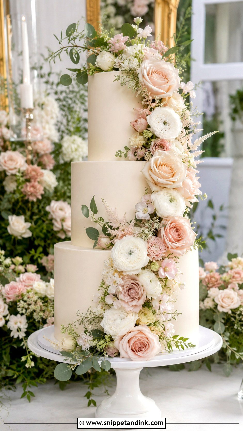 Smooth Wedding Cake With Floral Cascade - Snippet and Ink - 20 Smooth Wedding Cake Ideas