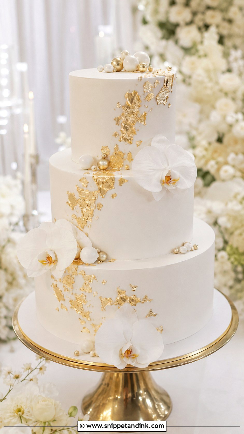 Smooth Wedding Cake With Gold Leaf - Snippet and Ink - 20 Smooth Wedding Cake Ideas