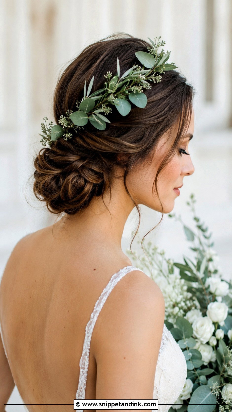 Soft Bun With Greenery Headband - Snippet and Ink - 20 Bridal Updo with Headband Ideas