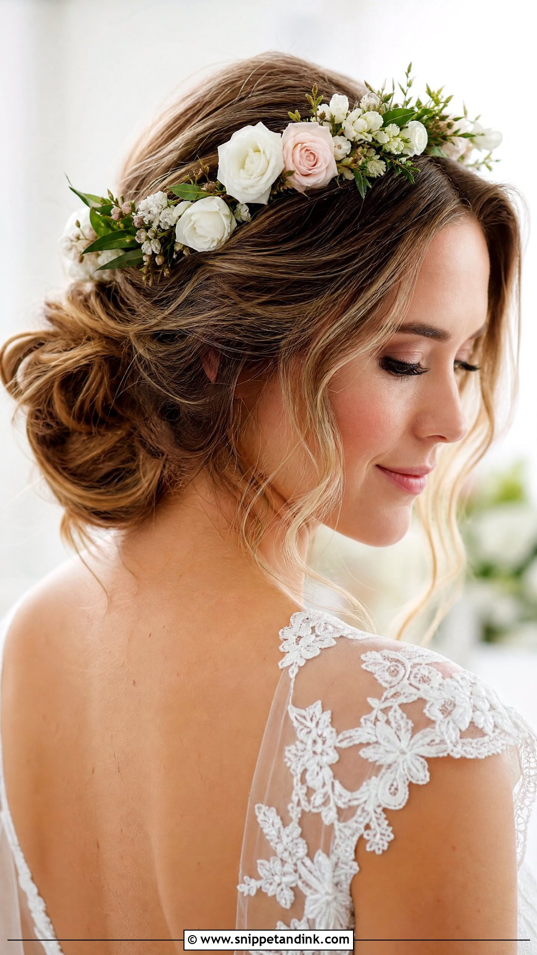 Soft Chignon With Flower Crown - Snippet and Ink - 20 Wedding Hairstyles with Flower Crown