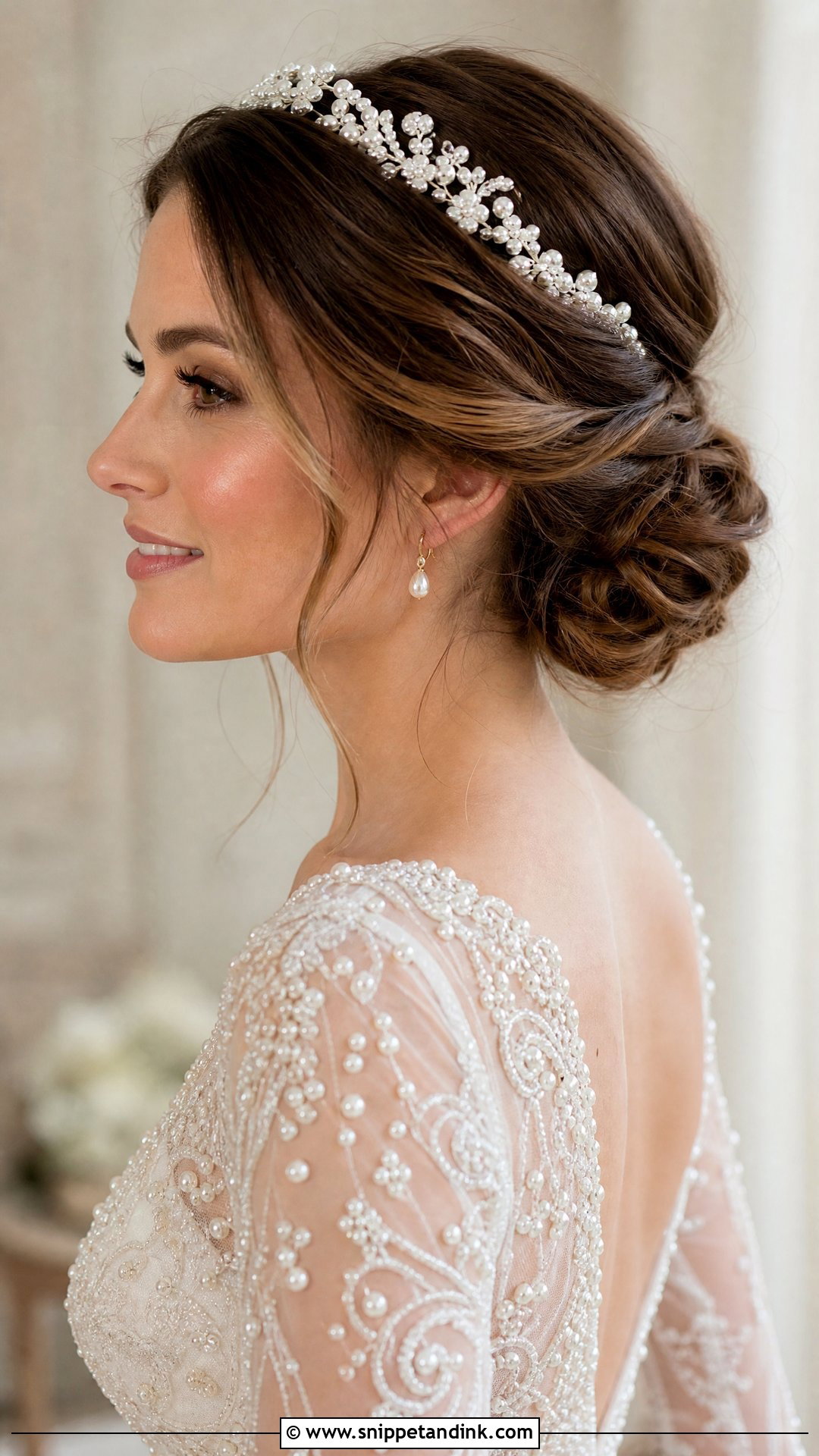 Soft Chignon With Pearl Crown - Snippet and Ink - 20 Bridal Crown Hairstyles
