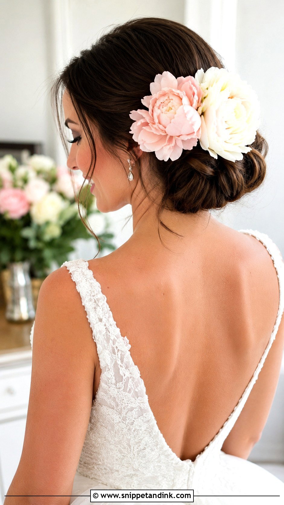 Soft Chignon With Peonies - Snippet and Ink - 20 Bride Hairstyles with Flowers