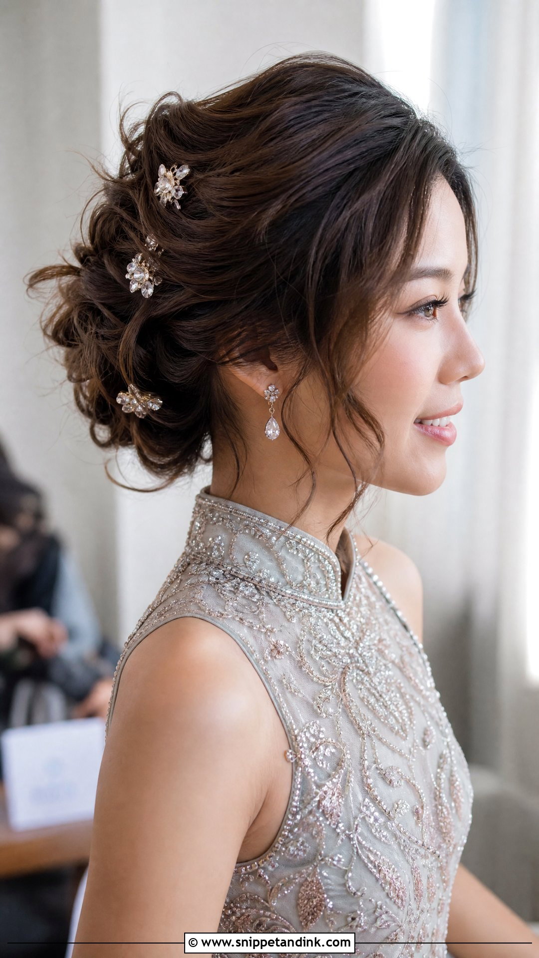 Soft Curled Updo With Jeweled Pins - Snippet and Ink - 20 Chinese Wedding Hairstyles