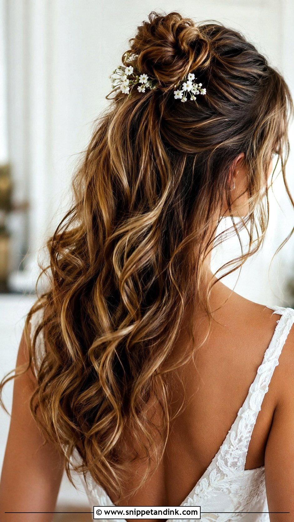 Soft Curls Half Up Top Knot Wedding Hair - Snippet and Ink - 25 Soft Curls Wedding Hair