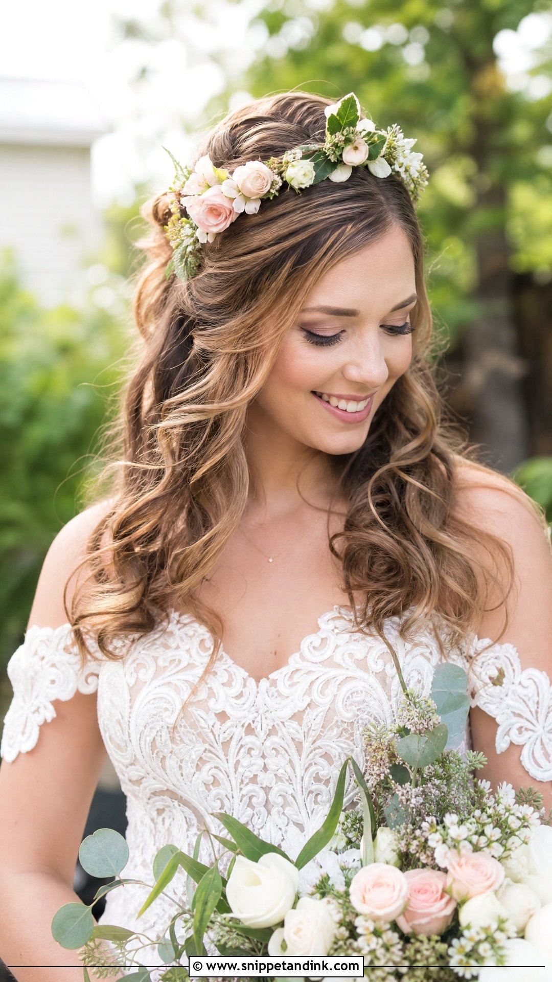 Soft Curls Half Up With Floral Crown - Snippet and Ink - 20 Bridal Hairstyle with Crown Ideas