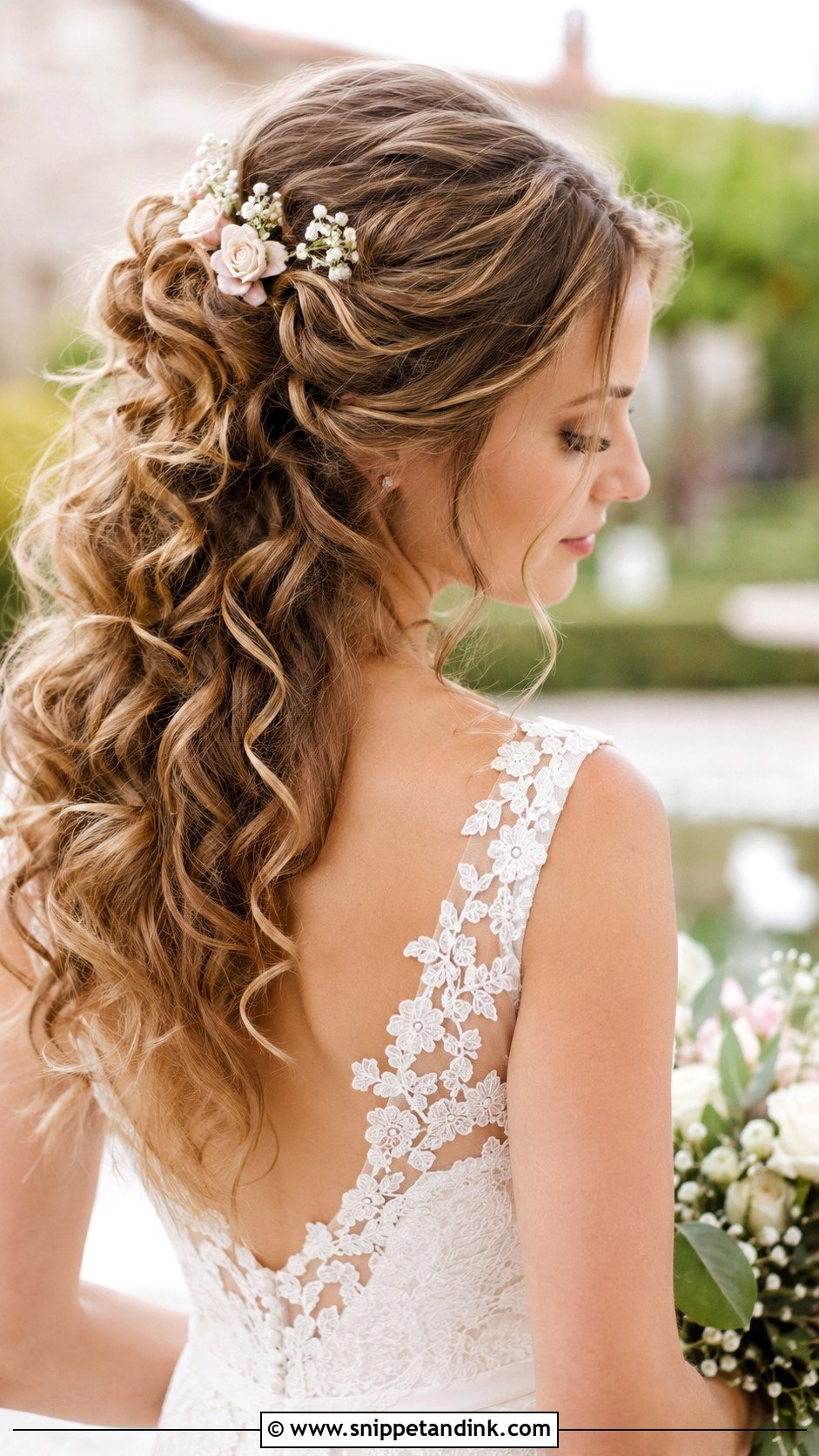 Soft Curls Half Up With Floral Pins - Snippet and Ink - 25 Messy Bride Hairstyles