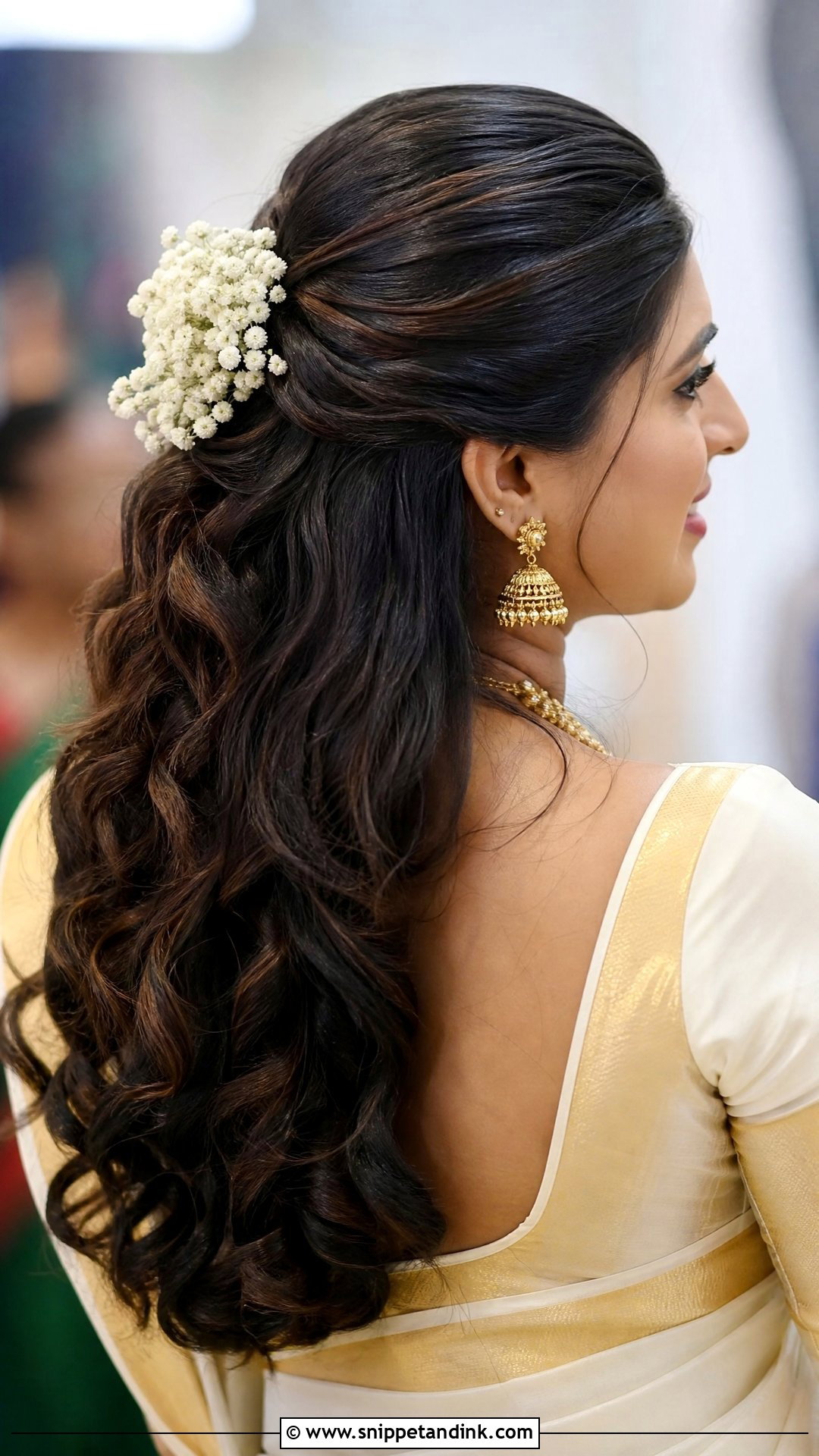 Soft Curls Half Updo With Jasmine - Snippet and Ink - 30 Kerala Bride Hairstyles