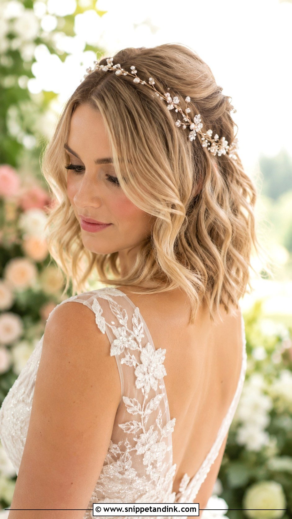 Soft Curls Lob With Hair Vine - Snippet and Ink - 25 Wedding Hair Styles Short Hair