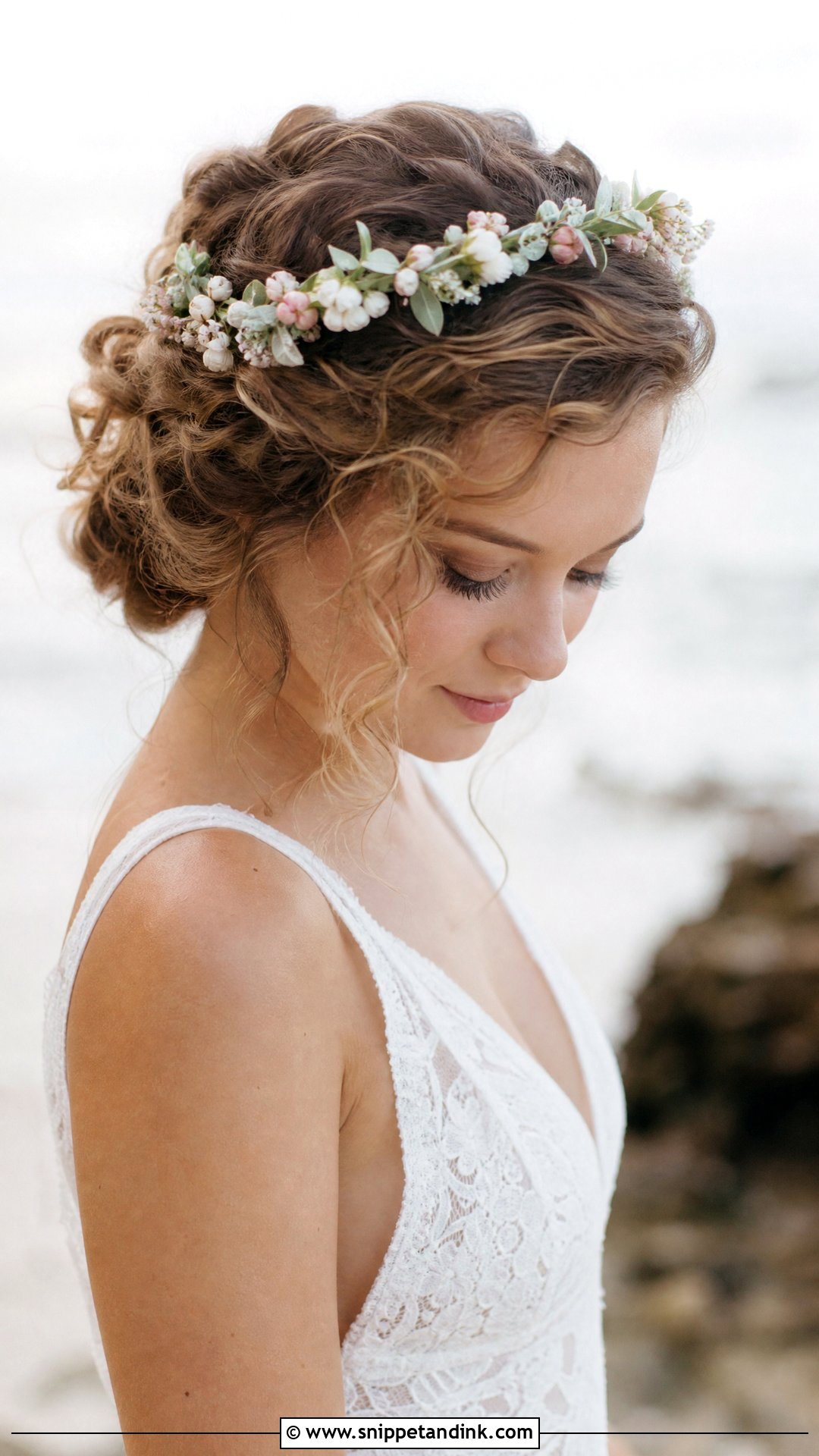 Soft Curls Updo With Flower Crown - Snippet and Ink - 20 Bridal Updo with Headpiece Ideas