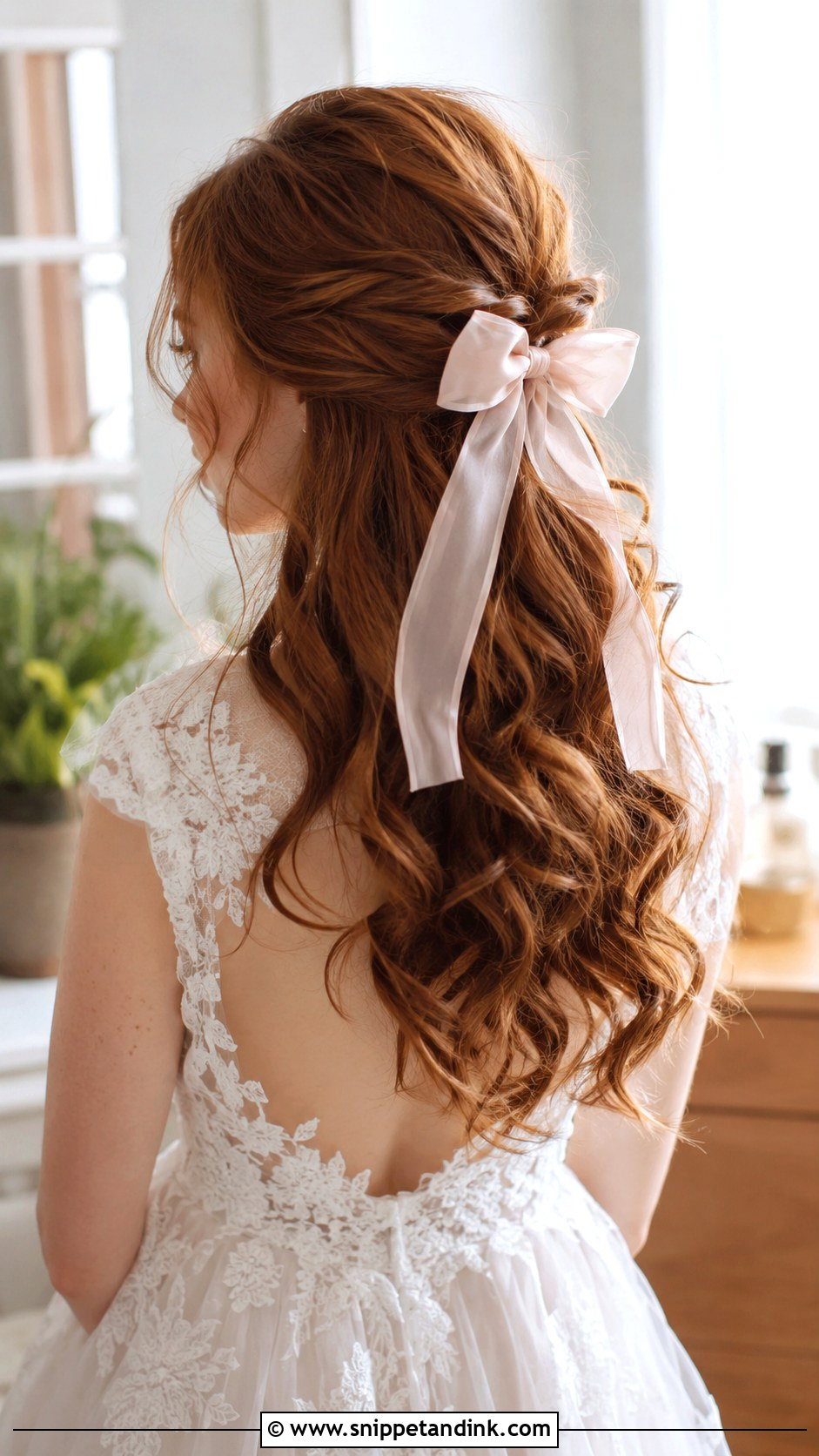 Soft Curls With Blush Bow Half Up - Snippet and Ink - 25 Wedding Hair Bow Ideas