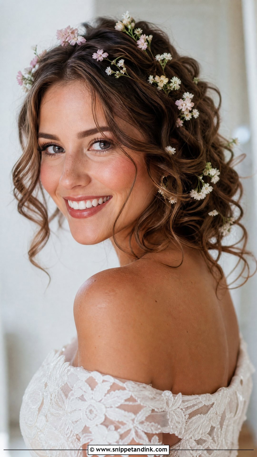 Soft Curls With Floral Accents - Snippet and Ink - 20 Medium Length Bride Hairstyles