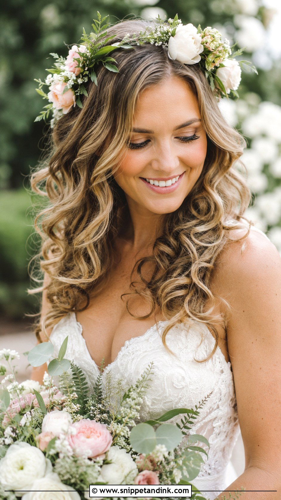 Soft Curls With Floral Crown - Snippet and Ink - 25 Hair Styles for Short Hair for Weddings