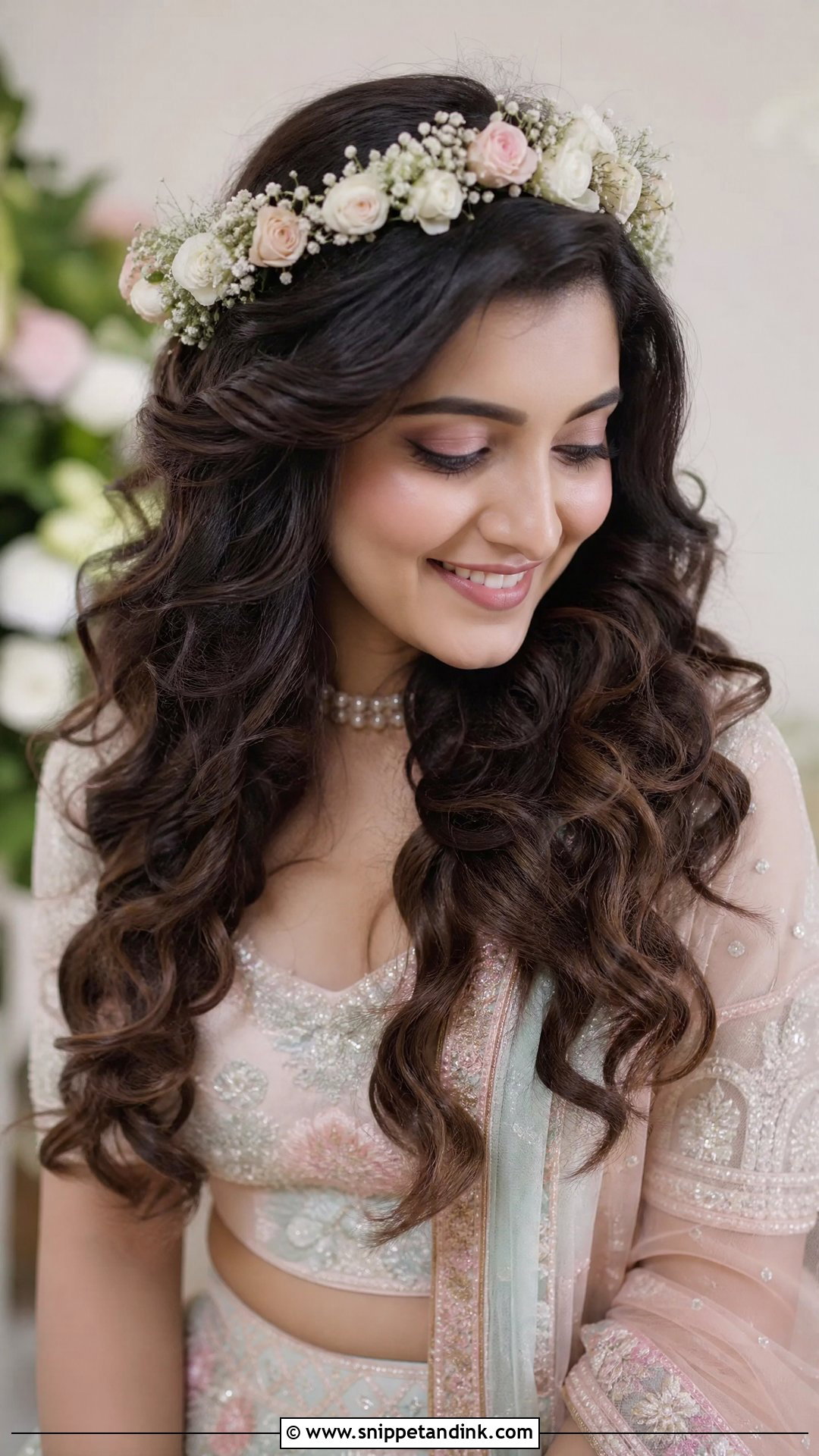 Soft Curls With Floral Crown - Snippet and Ink - 20 Loose Indian Wedding Hairstyles