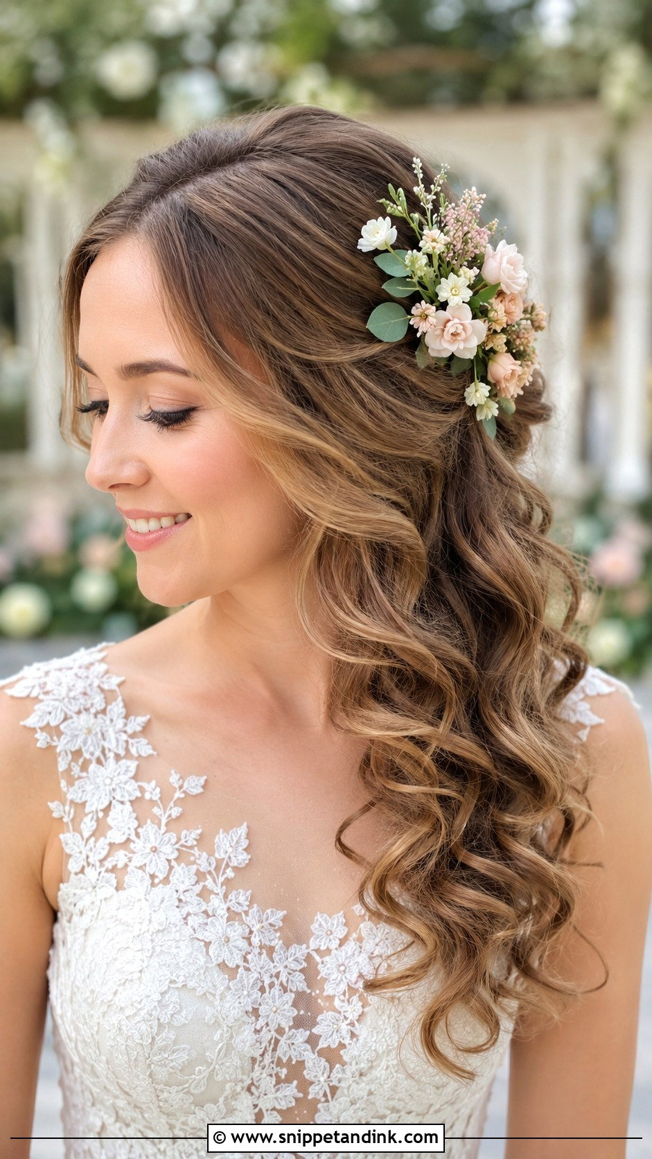 Soft Curls With Floral Hairpiece - Snippet and Ink - 25 Short Bridal Hair Shoulder Length Ideas