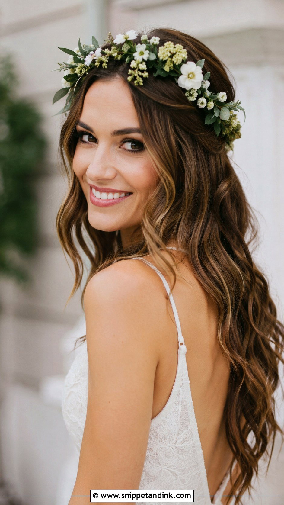 Soft Curls With Flower Crown - Snippet and Ink - 25 Shoulder Length Wedding Hairstyles
