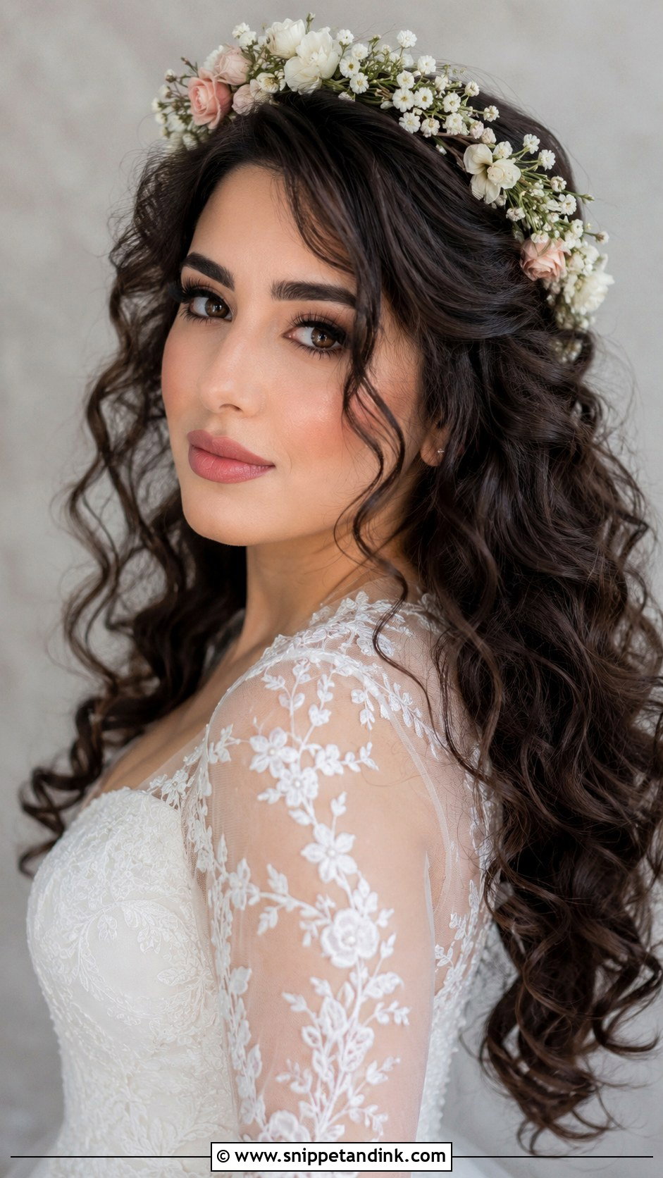 Soft Curls With Flower Crown - Snippet and Ink - 25 Muslim Bridal Hairstyles