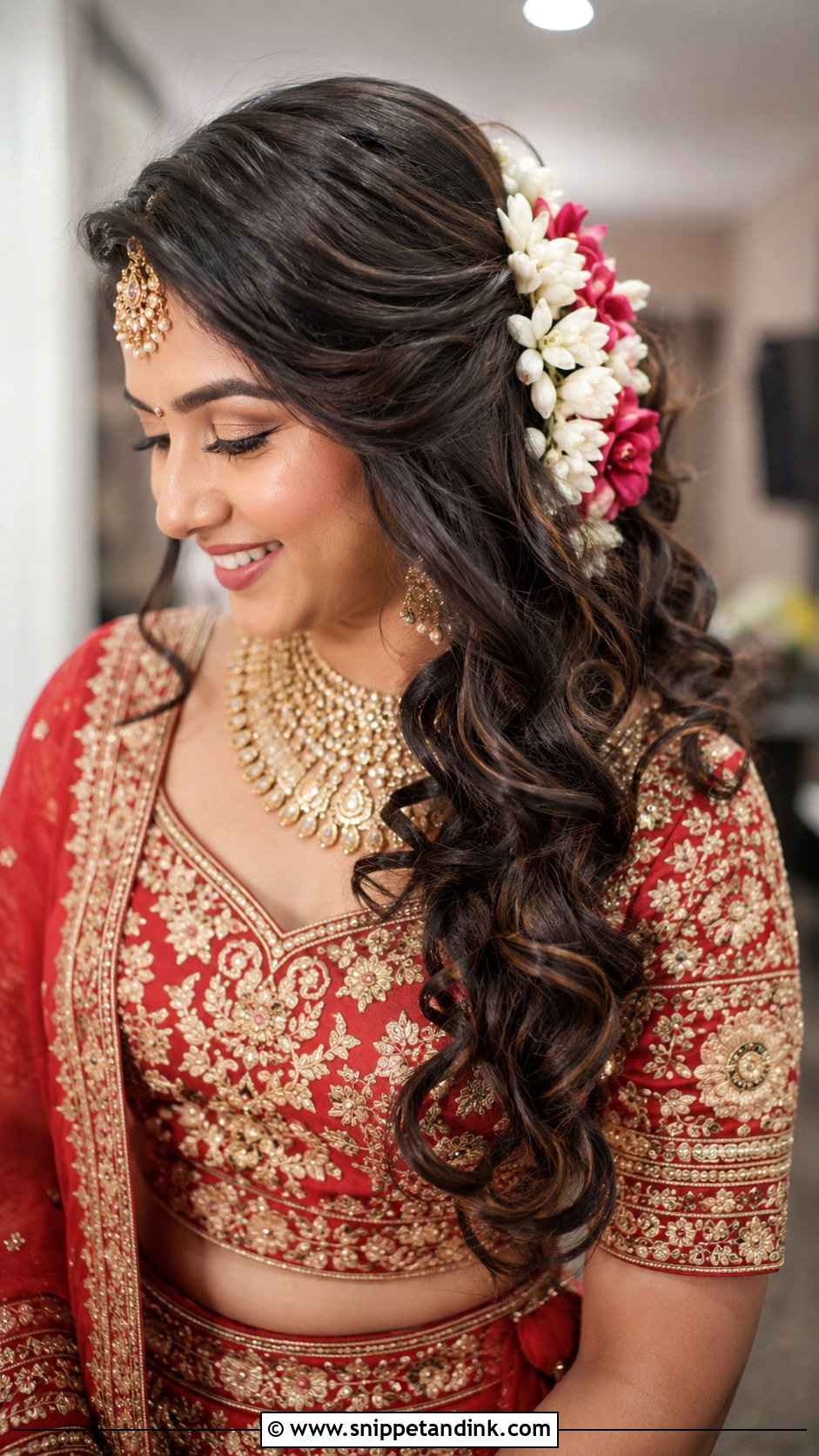 Soft Curls With Fresh Flowers - Snippet and Ink - 25 Open Hair Indian Bride Ideas