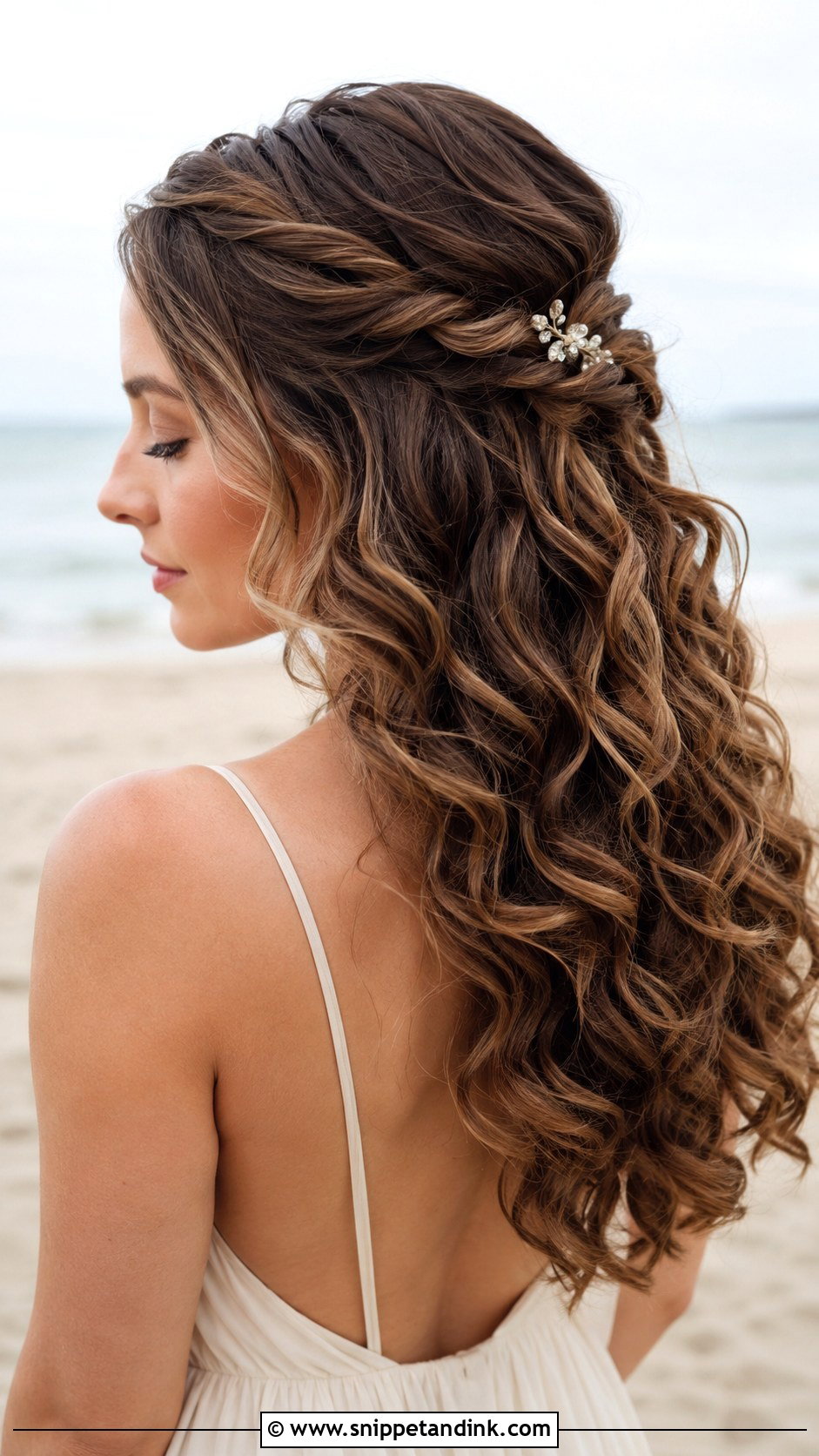 Soft Curls With Half Up Twist - Snippet and Ink - 20 Beach Wedding Guest Hairstyles