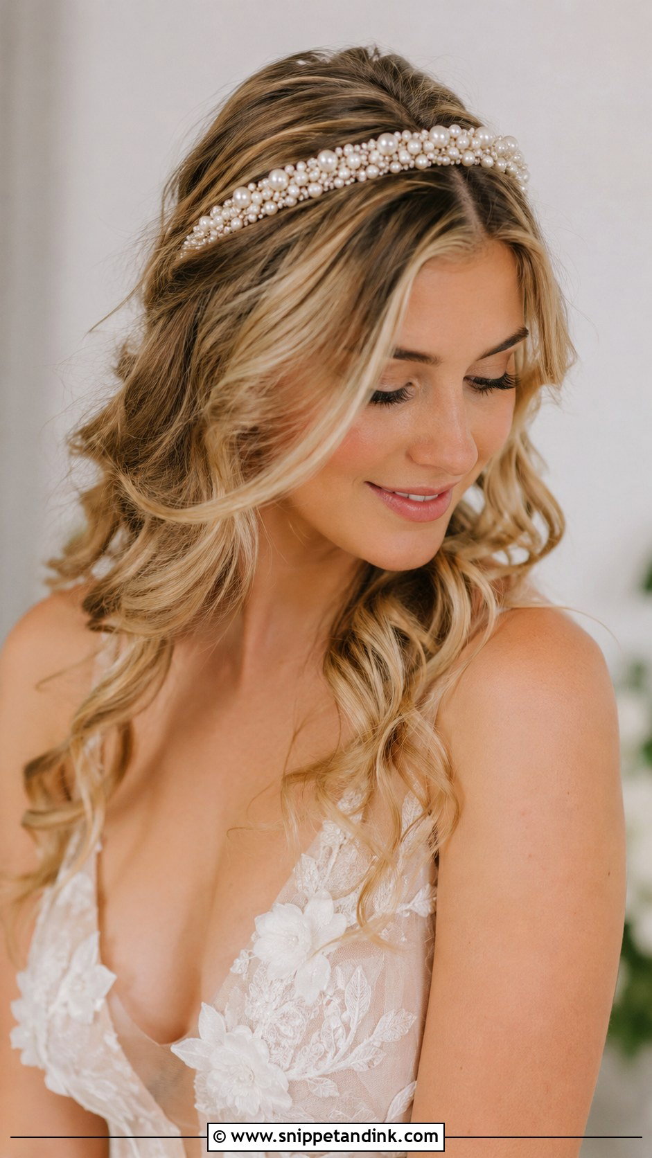 Soft Curls With Pearl Headband Crown - Snippet and Ink - 30 Wedding Hairstyles with Crown