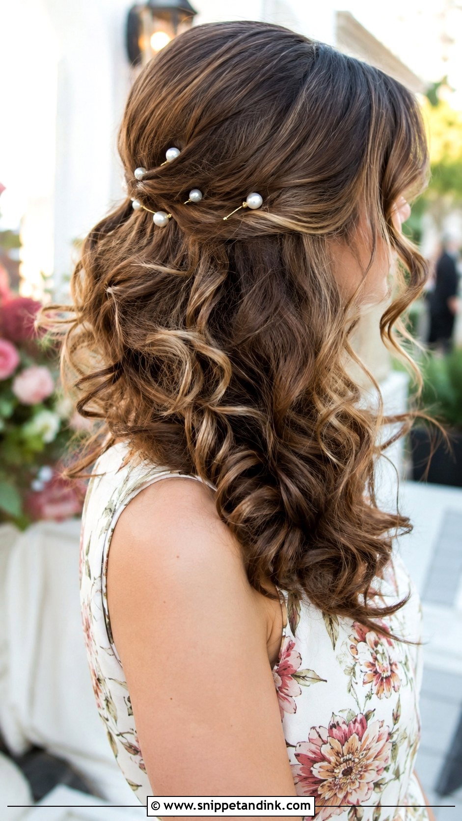 Soft Curls With Pearl Pins - Snippet and Ink - 30 Medium Length Hair Styles Wedding Guest