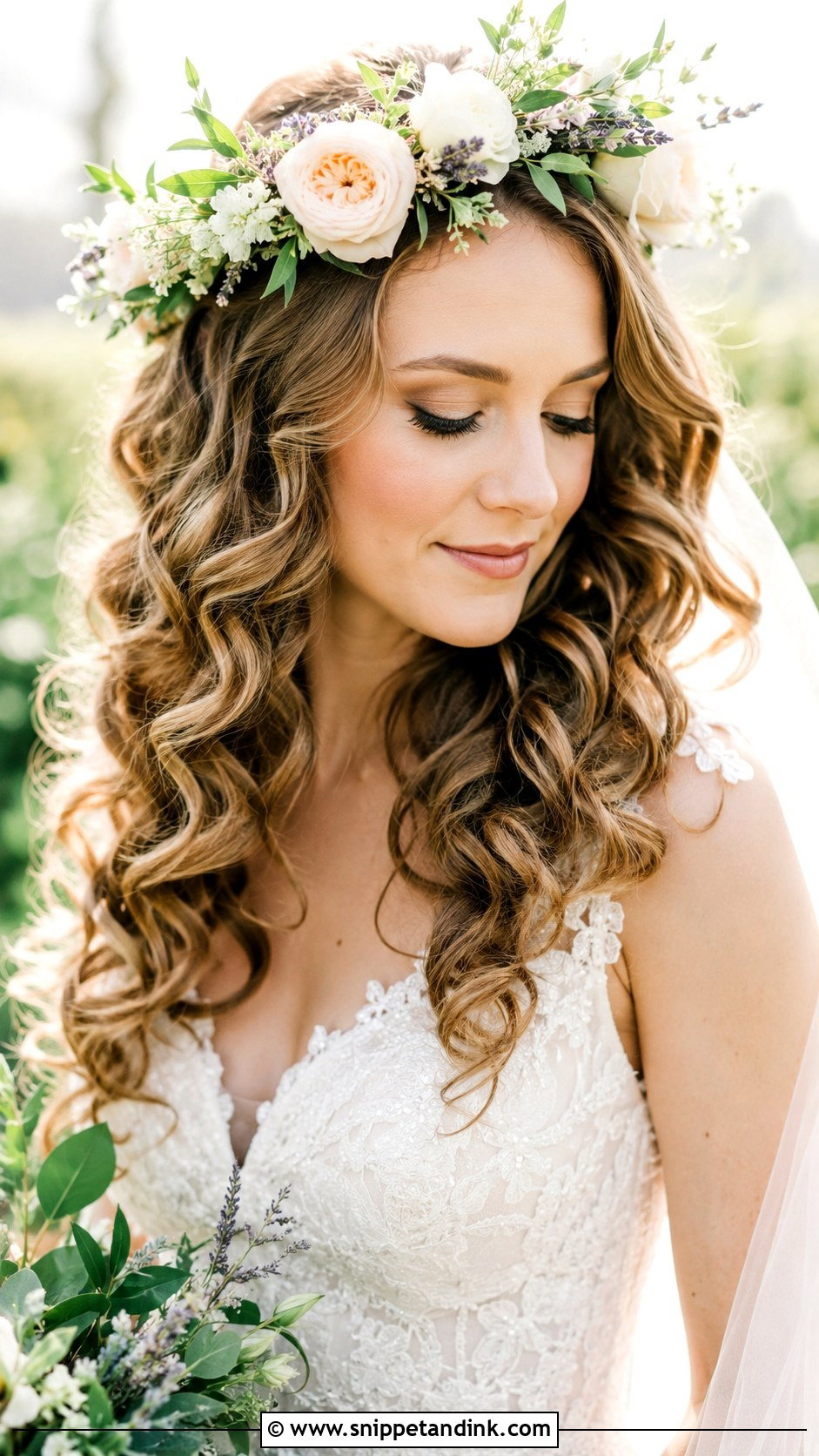 Soft Curls With a Floral Crown - Snippet and Ink - 20 Classy Wedding Hairstyles