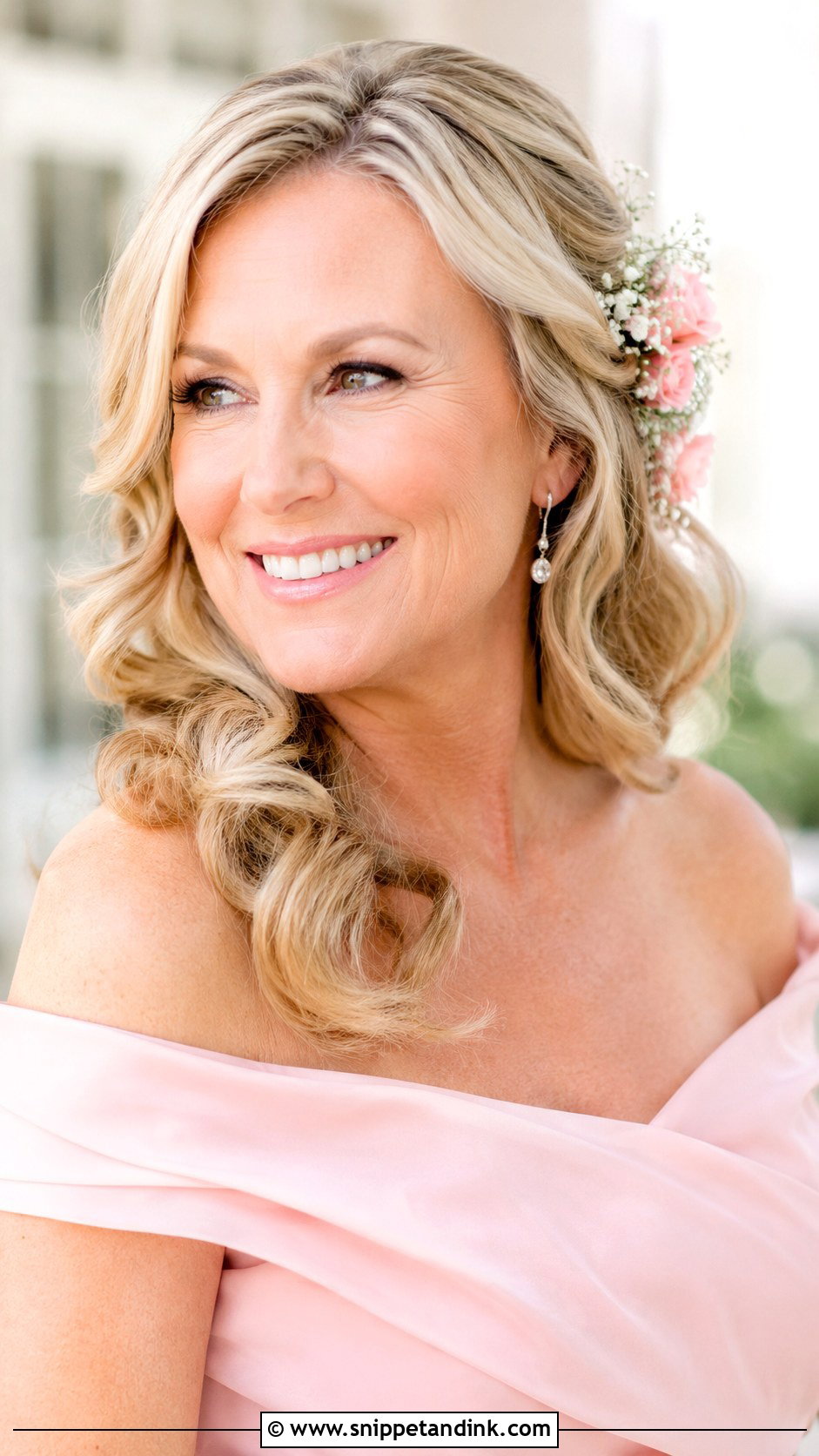 Soft Curls with a Floral Hairpiece - Snippet and Ink - 30 Mother of the Bride Hair Down Ideas