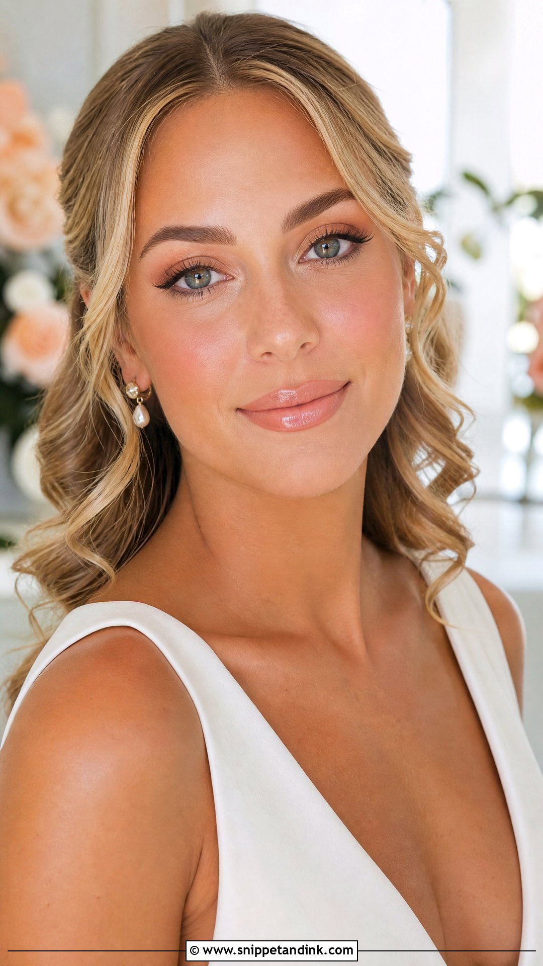 Soft Glam Bridal Makeup With Peachy Nude Lips - Snippet and Ink - 35 Soft Glam Bridal Makeup Ideas