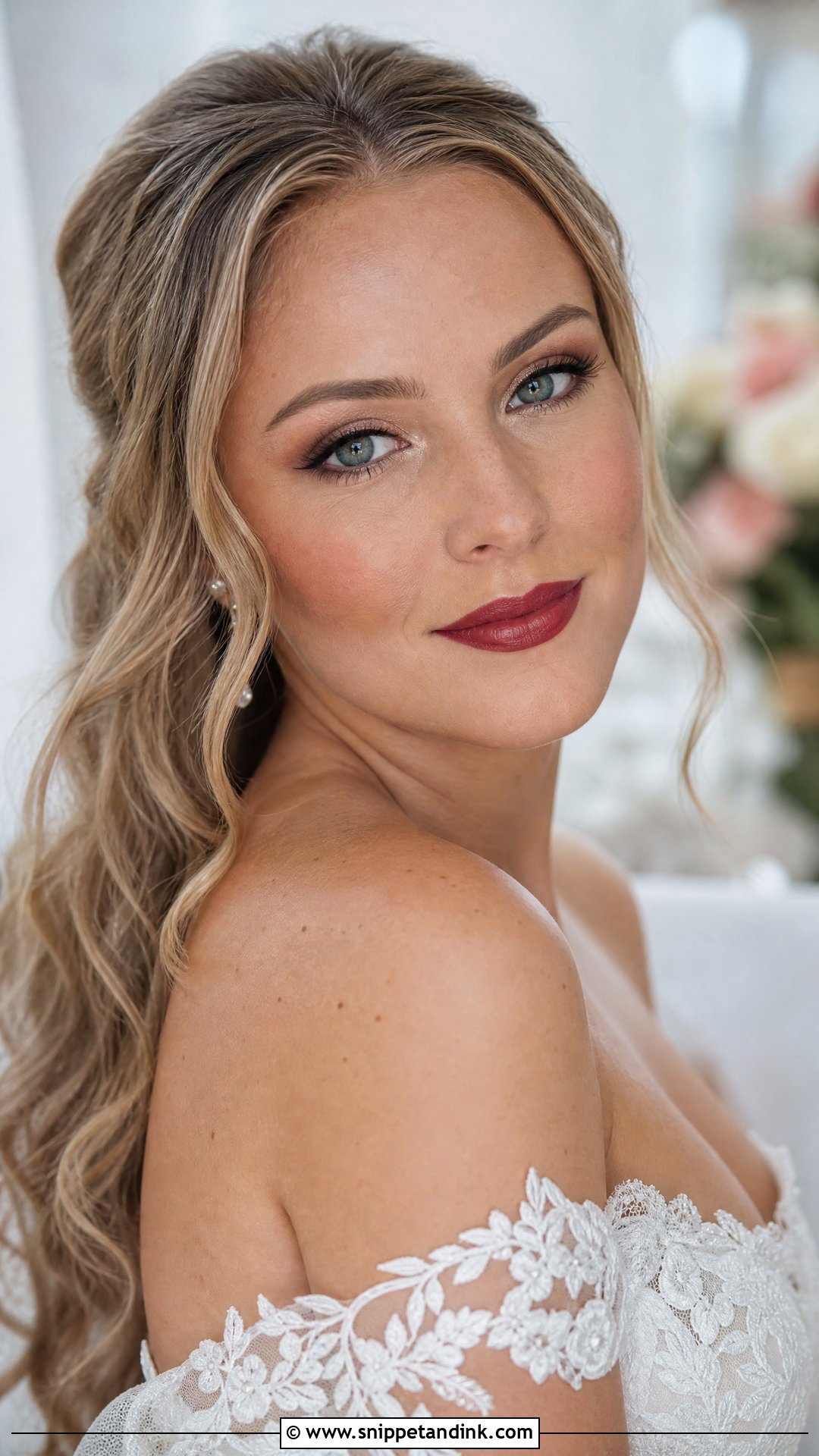 Soft Glam Bridal Makeup With Red Lipstick - Snippet and Ink - 20 Bride Red Lipstick Ideas