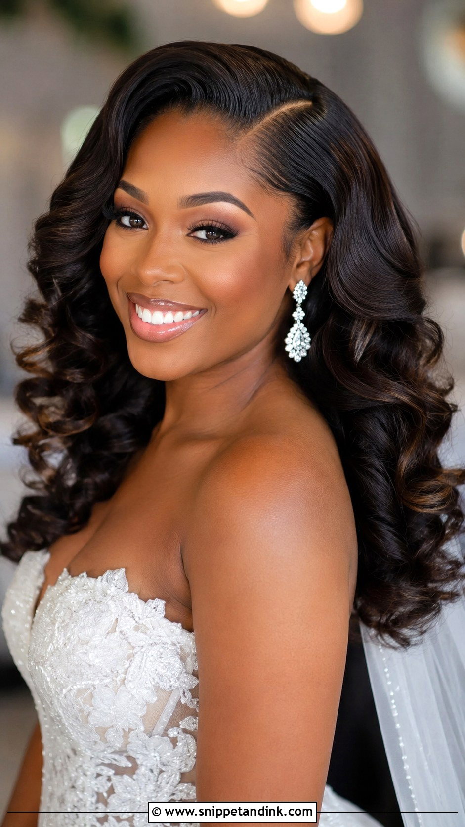 Soft Glam Curls with Deep Side Part - Snippet and Ink - 25 Black Wedding Hairstyles for Bride