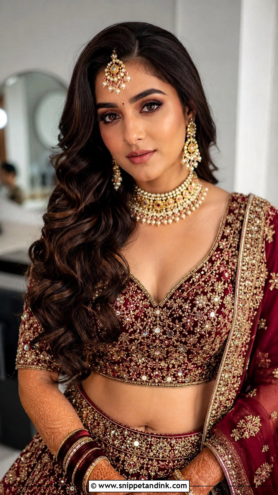 Soft Hollywood Waves With Maang Tikka - Snippet and Ink - 25 Indian Bridal Open Hairstyles