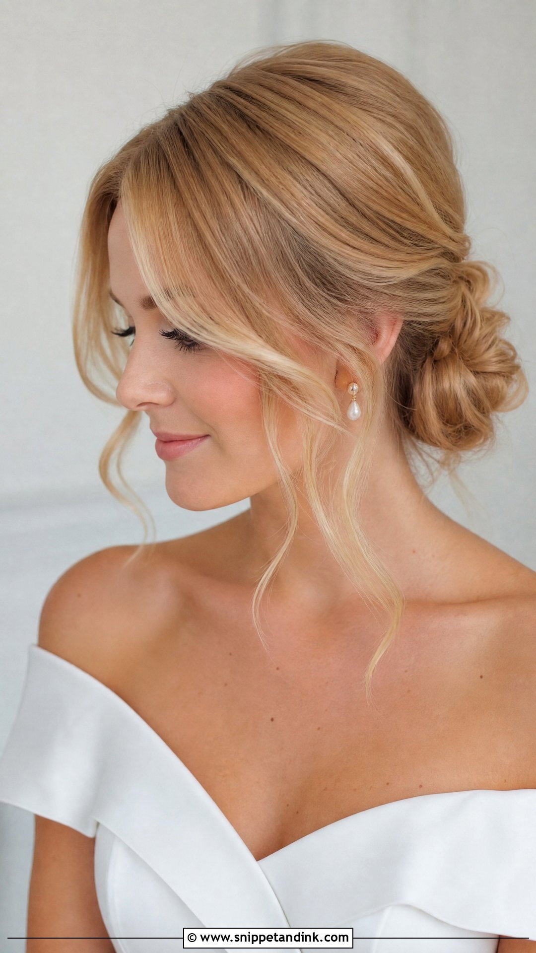 Soft Low Bun Wedding Hair With Curtain Bangs - Snippet and Ink - 20 Soft Low Bun Wedding Hair Ideas
