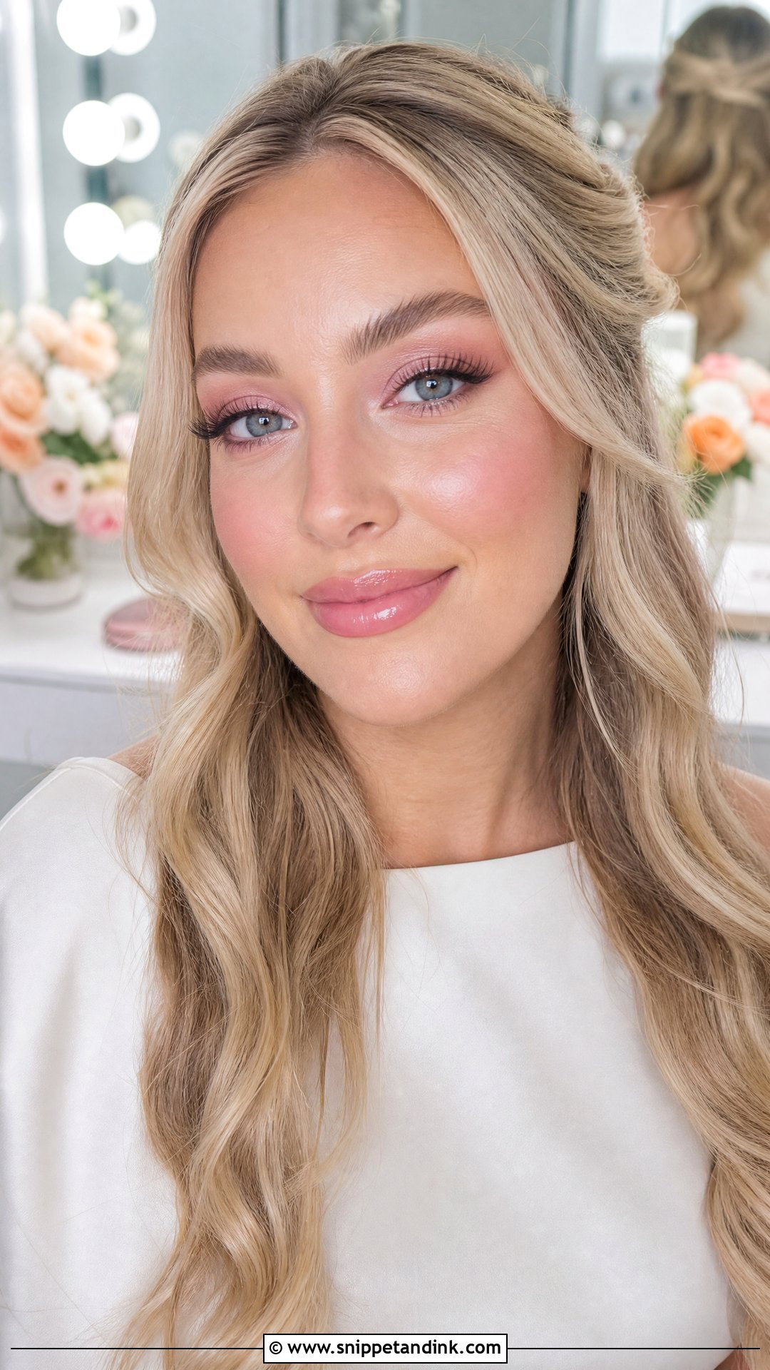Soft Pink Bridal Makeup With Glossy Lips - Snippet and Ink - 25 Soft Pink Bridal Makeup Ideas