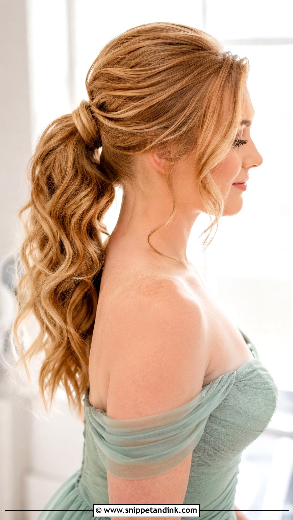 Soft Ponytail Bridesmaid Hairstyle With Off Shoulder Dress - Snippet and Ink - 20 Bridesmaid Hairstyles with Off Shoulder Dress
