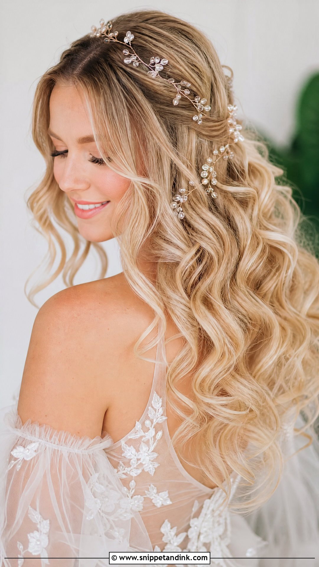 Soft Romantic Curls With Hair Vine - Snippet and Ink - 20 Medium Length Bridal Hair Down Ideas