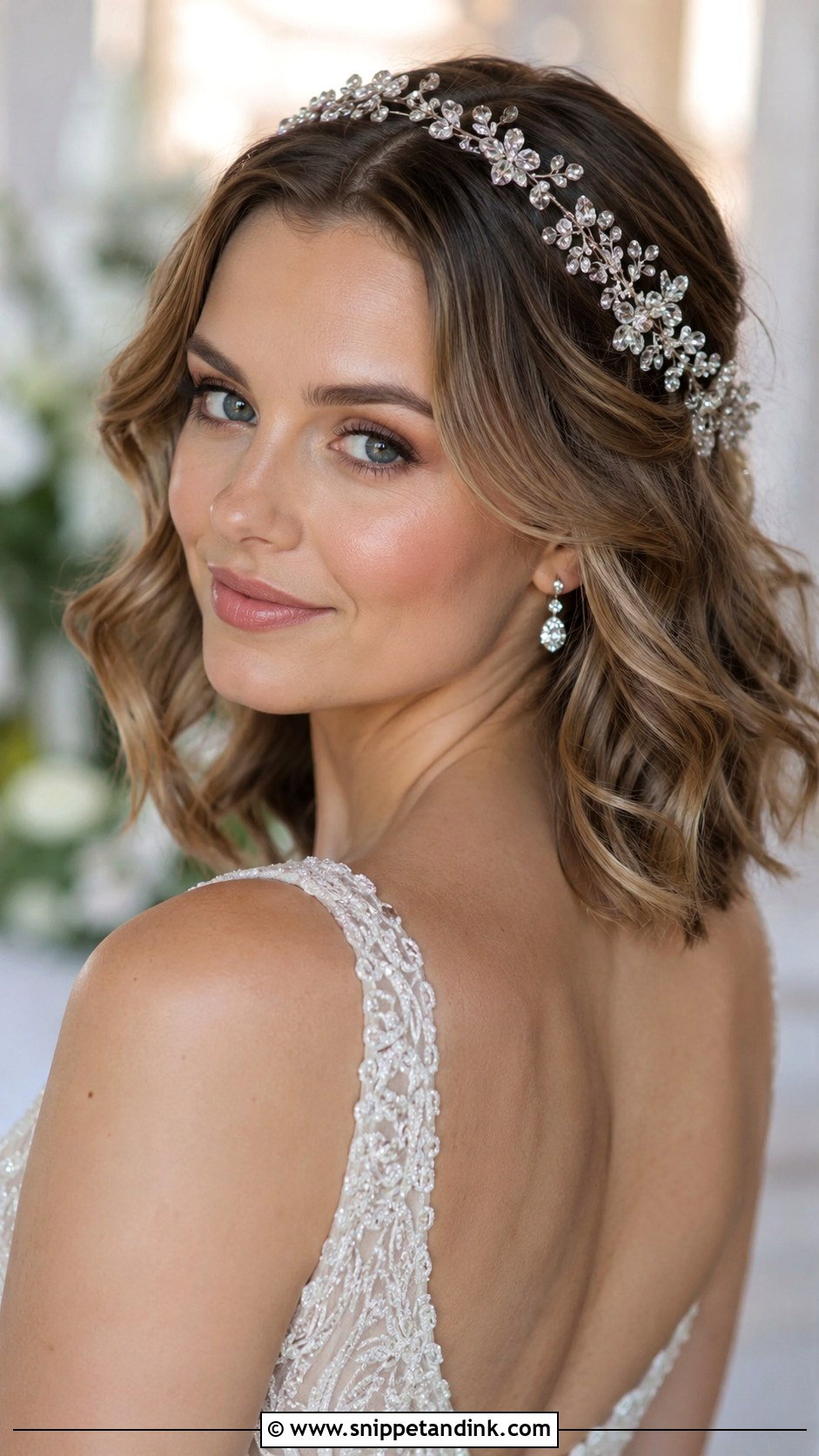 Soft Romantic Curls With Headpiece - Snippet and Ink - 30 Short Wedding Hairstyles