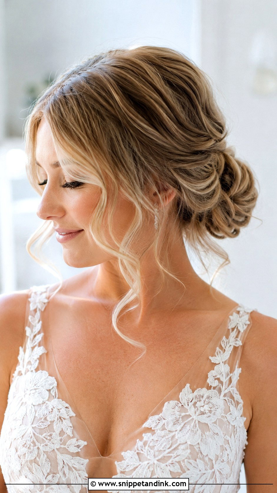 Soft Romantic Low Bun With Face Framing Pieces - Snippet and Ink - 25 Simple Low Bun Wedding Hair Ideas
