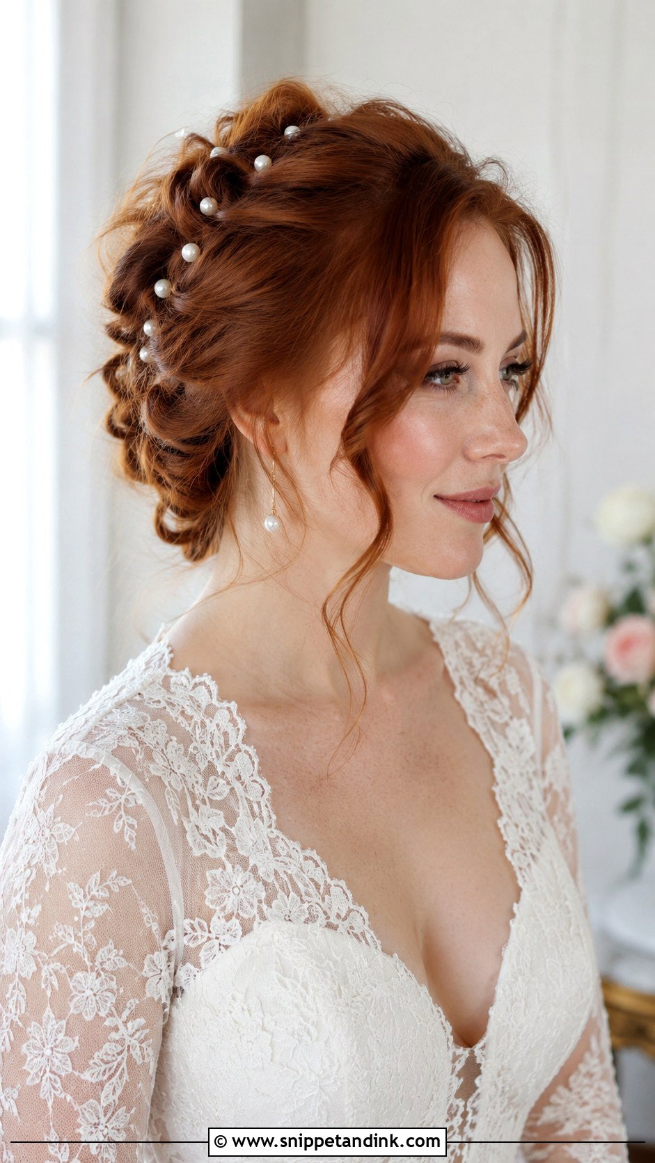 Soft Romantic Updo with Pearls - Snippet and Ink - 20 Old Money Wedding Hairstyles